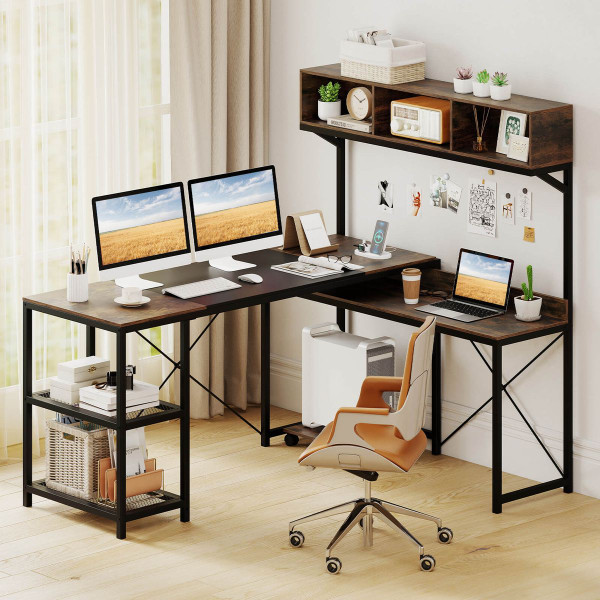  L-Shaped Computer Desk with Power Outlets and 2 Metal Mesh Shelves product image