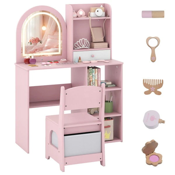 Princess Girls Makeup Vanity Desk with 3-Color LED Lighted Mirror product image