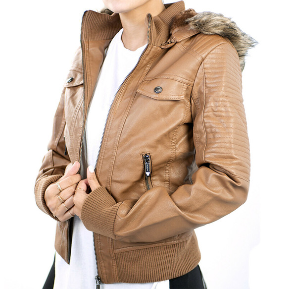 Women’s Faux Leather Motorcycle Jacket with Hood product image