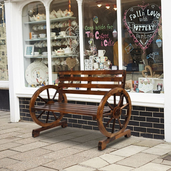 Rustic 2-Person Wooden Wagon Wheel Bench with Backrest product image