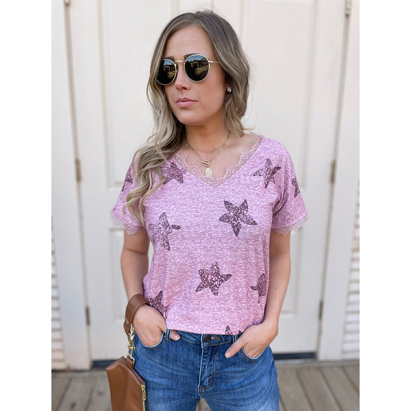 Haute Edition Women's Star Printed V-Neck Lace Trim Tee product image