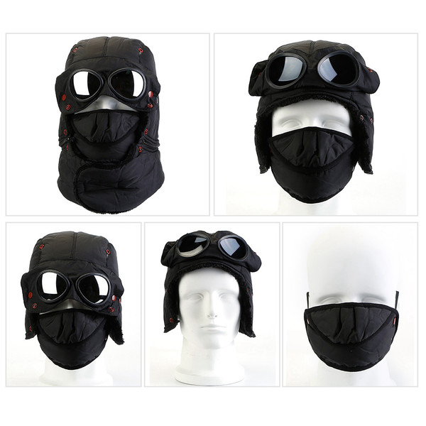 Winter Warm Trapper Hat With Glasses Warm Full Neck Face Mask Cycling Ski  Cap