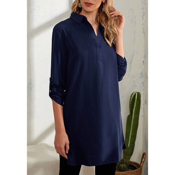 Anna-Kaci® Notched Collar Navy Tunic Blouse product image