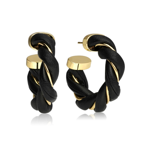 Gold-Plated Twisted Leather Hoop Earrings product image