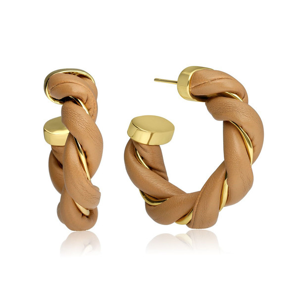 Gold-Plated Twisted Leather Hoop Earrings product image