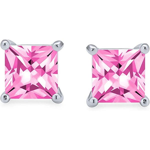 Rhodium-Plated 925 Sterling Silver 5mm Pink CZ Princess-Cut Stud Earrings product image