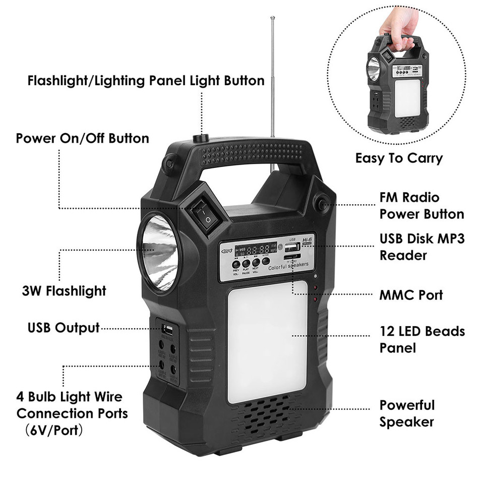 Solarek® Portable Power Station & FM Radio with Solar Panel & Light Bulbs product image