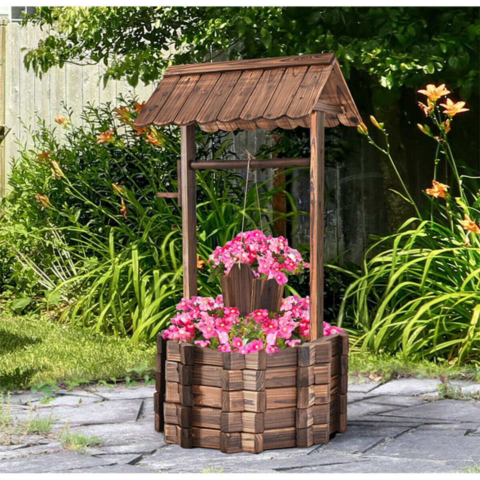 Outdoor Wooden Wishing Well Bucket Planter product image