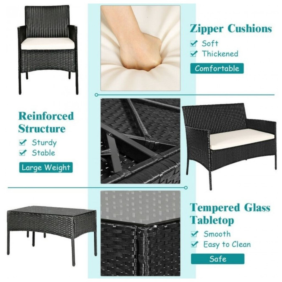 Rattan 4-Piece Patio Furniture with Glass Top Table product image