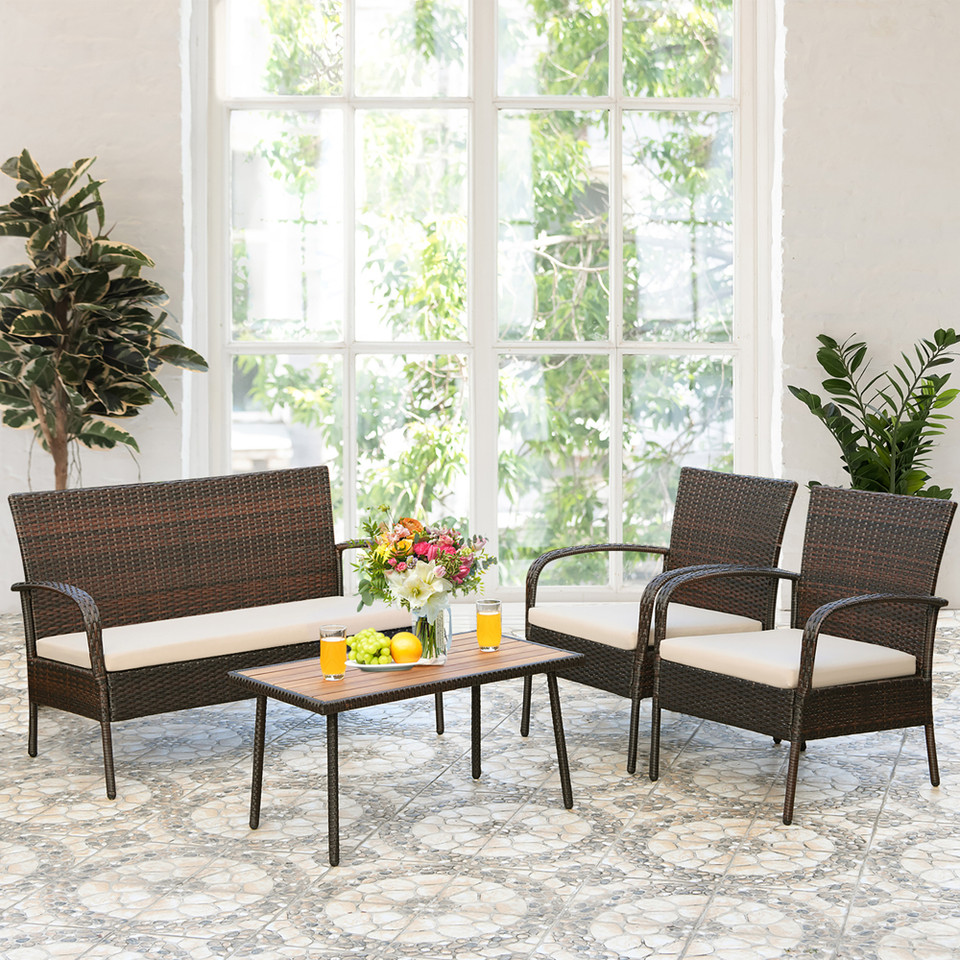 4-Piece Beige Cushioned Rattan Patio Set product image
