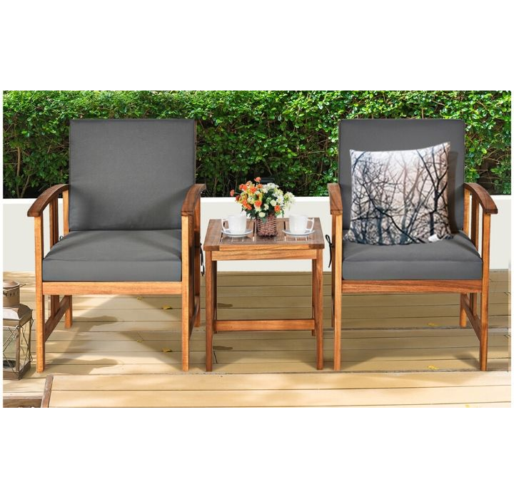 Wooden 3-Piece Patio Furniture Set with Grey Cushions product image