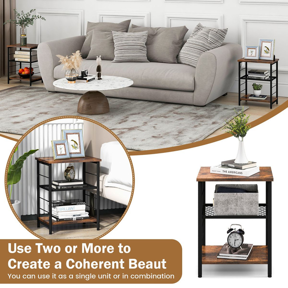 3-Tier Industrial Side Table with Adjustable Mesh Shelf (Set of 2) product image
