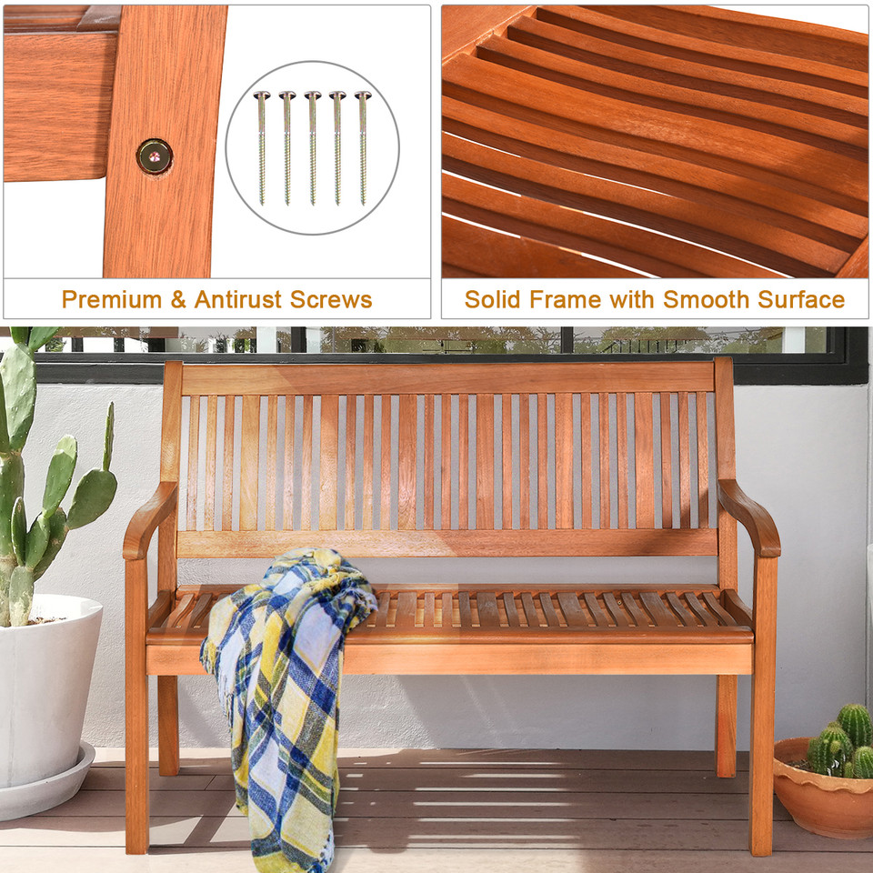 50-Inch 2-Person Solid Wood Garden Bench with Curved Backrest and Wide Armrest product image