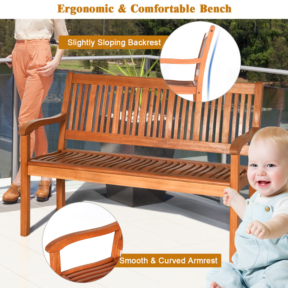 50-Inch 2-Person Solid Wood Garden Bench with Curved Backrest and Wide Armrest product image