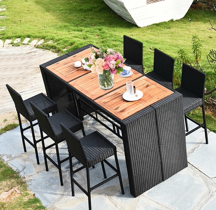 Rattan and Wood 7-Piece Bar Height Patio Dining Set product image