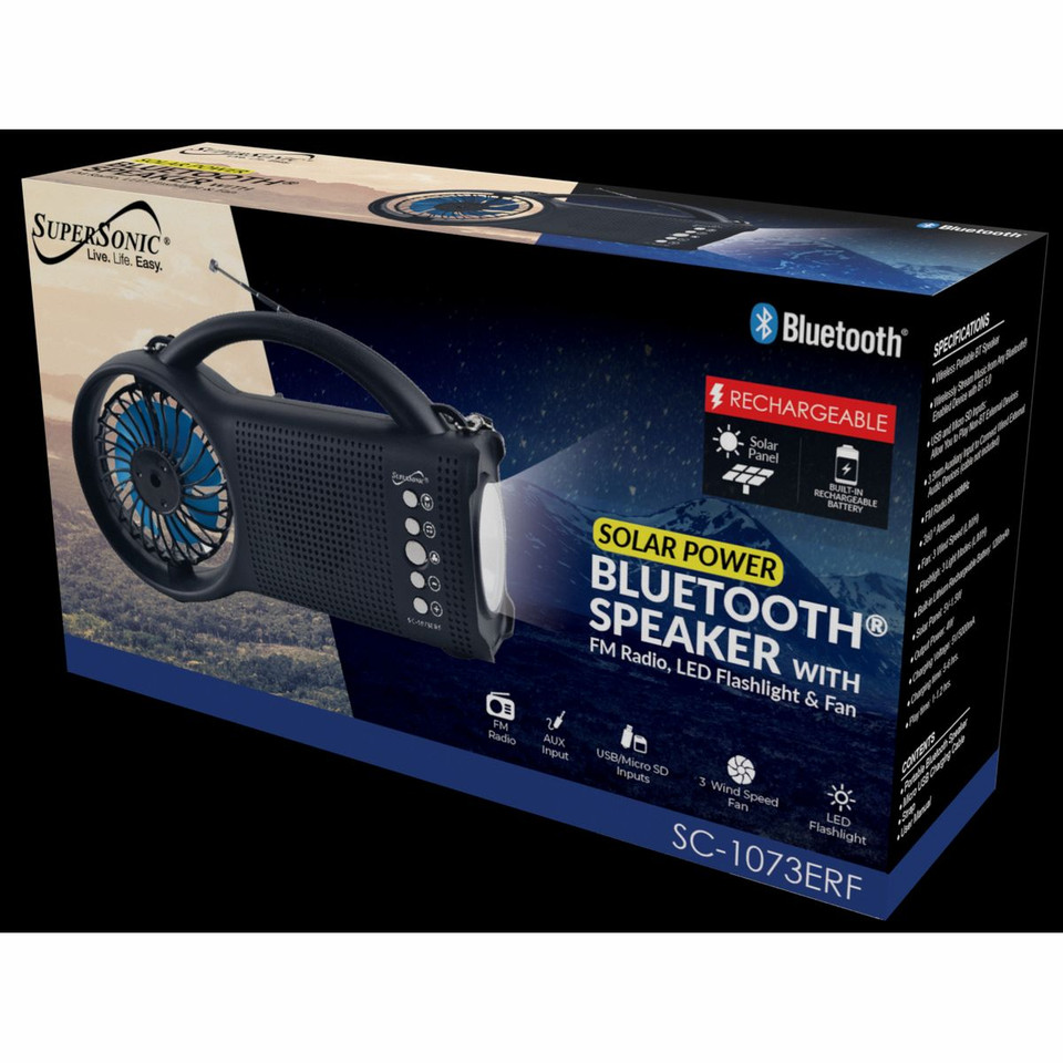 SuperSonic® Solar Power Bluetooth Speaker with FM Radio, LED Flashlight & Fan product image