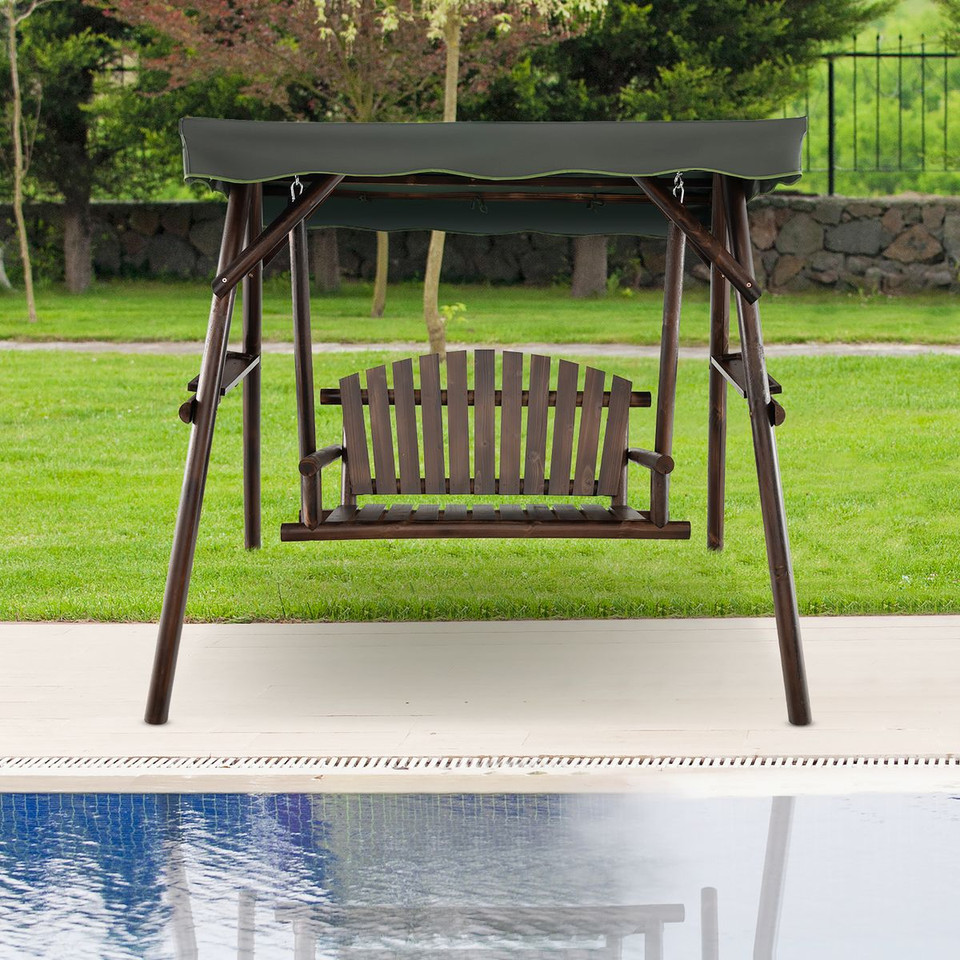 2-Person Outdoor Wooden Porch Swing with Adjustable Canopy product image