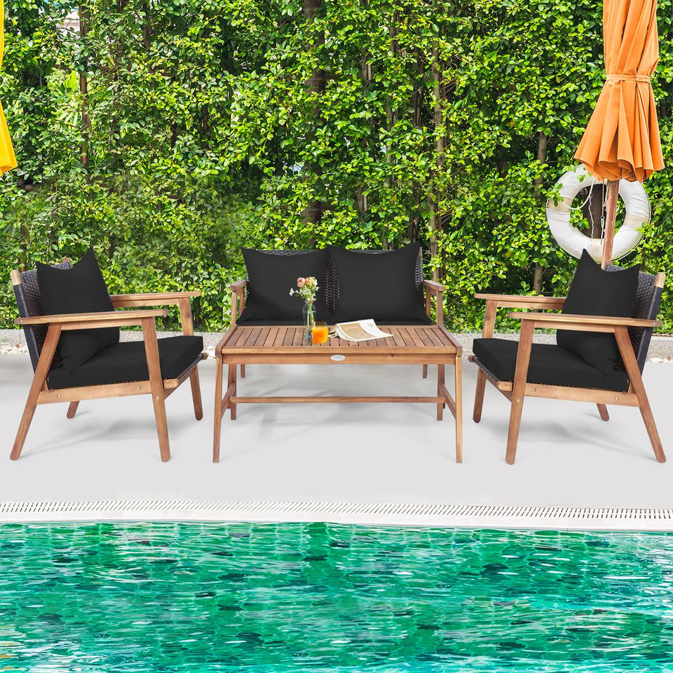 4-Piece Patio Rattan Wooden Furniture Set product image
