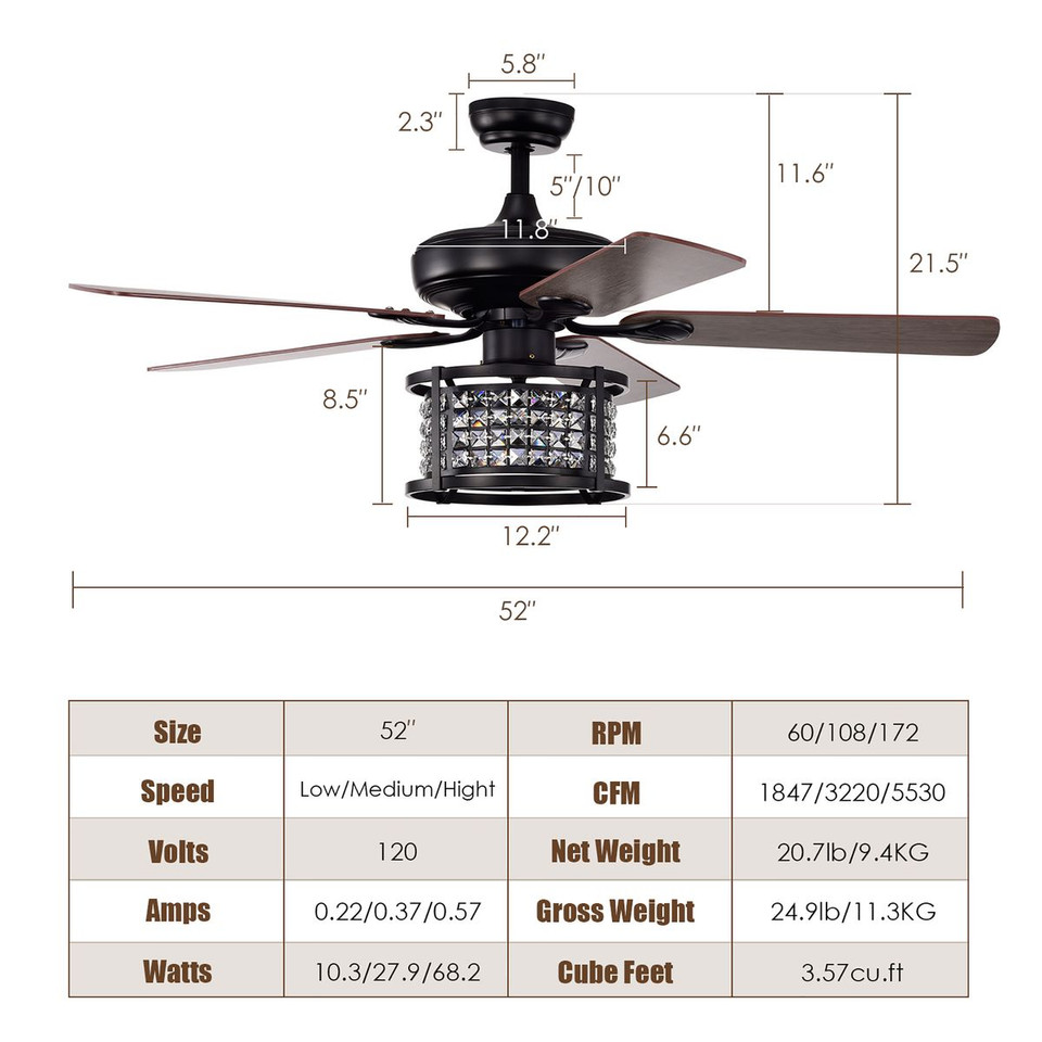 52-Inch 3-Speed Crystal Ceiling Fan with Remote product image