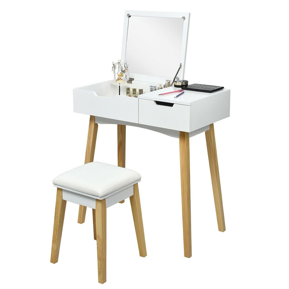 Wooden Vanity Table with Flip-Top Mirror and Cushioned Stool product image