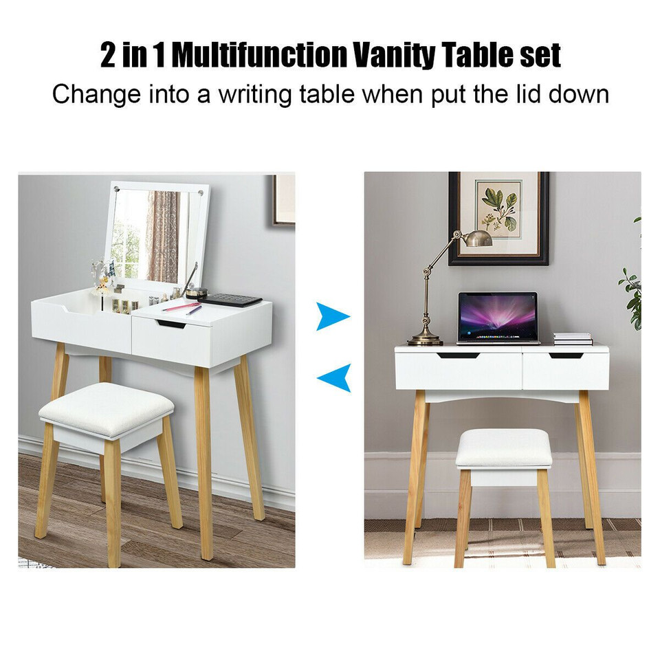 Wooden Vanity Table with Flip-Top Mirror and Cushioned Stool product image