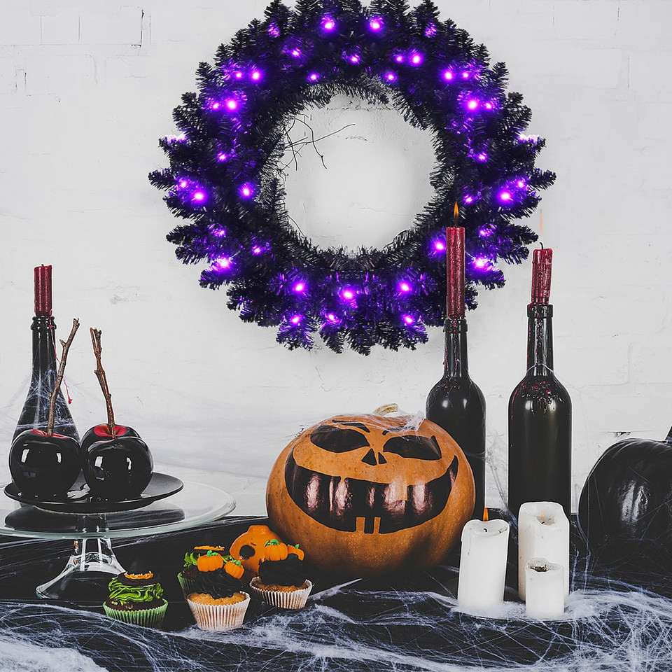 24-Inch Pre-Lit Halloween Wreath with 35 Purple LED Lights product image