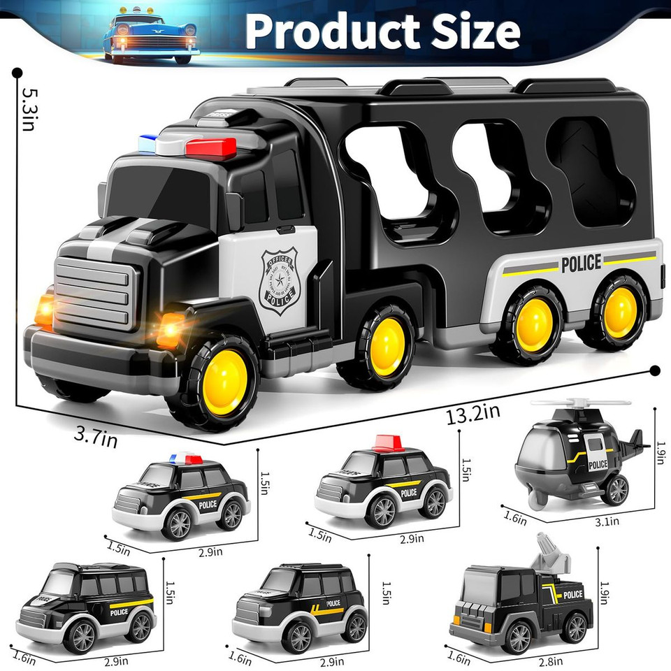 TEMI Police Truck Toys 7-in-1 Friction Power Emergency Vehicle Police Car Toy Carrier Truck Toys for Kids Ages 3+ product image
