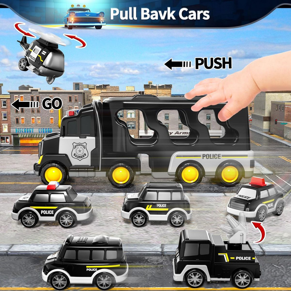 TEMI Police Truck Toys 7-in-1 Friction Power Emergency Vehicle Police Car Toy Carrier Truck Toys for Kids Ages 3+ product image
