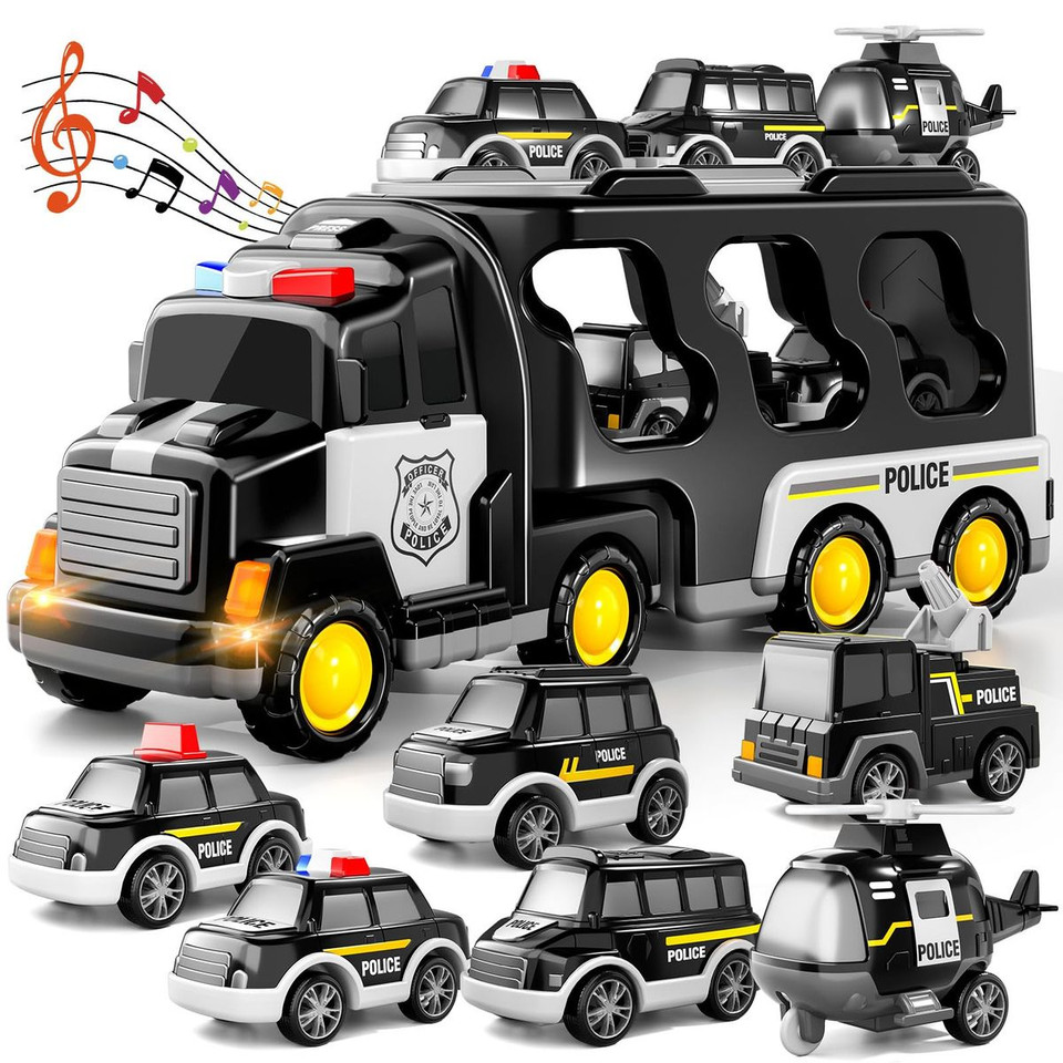 TEMI Police Truck Toys 7-in-1 Friction Power Emergency Vehicle Police Car Toy Carrier Truck Toys for Kids Ages 3+ product image