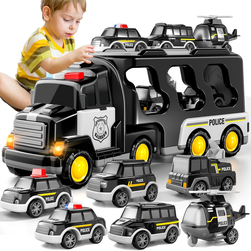 TEMI Police Truck Toys 7-in-1 Friction Power Emergency Vehicle Police Car Toy Carrier Truck Toys for Kids Ages 3+ product image