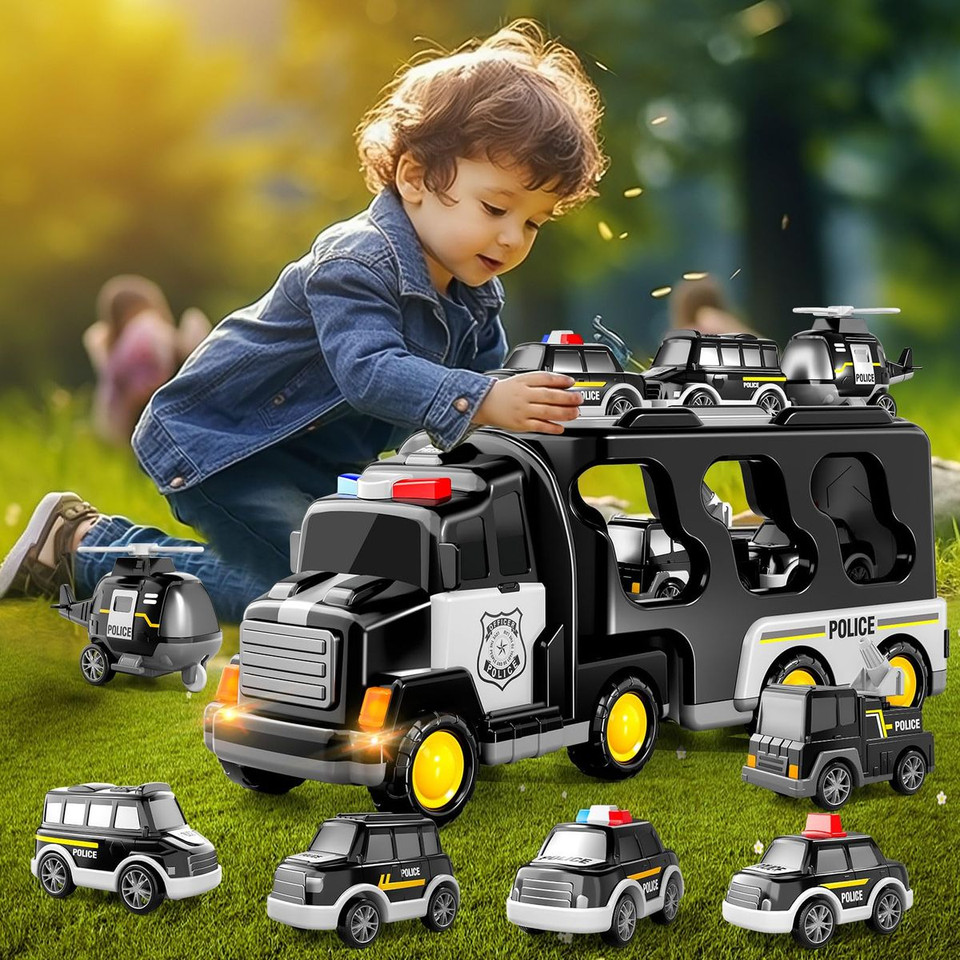 TEMI Police Truck Toys 7-in-1 Friction Power Emergency Vehicle Police Car Toy Carrier Truck Toys for Kids Ages 3+ product image