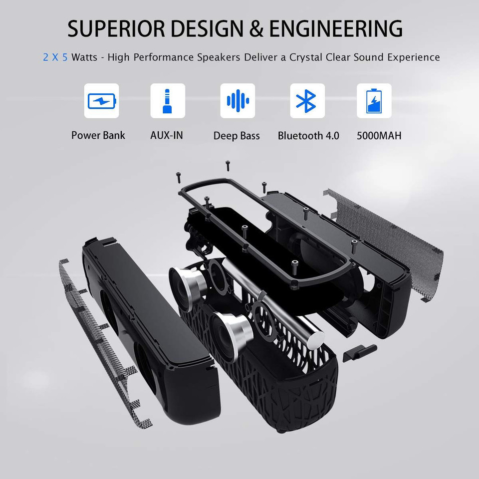 Waterproof Solar Bluetooth Speaker with Mic, Stereo Sound with Bass, Black product image