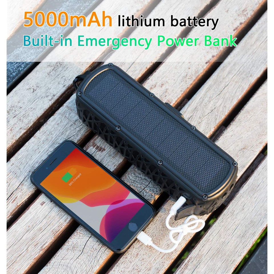 Waterproof Solar Bluetooth Speaker with Mic, Stereo Sound with Bass, Black product image
