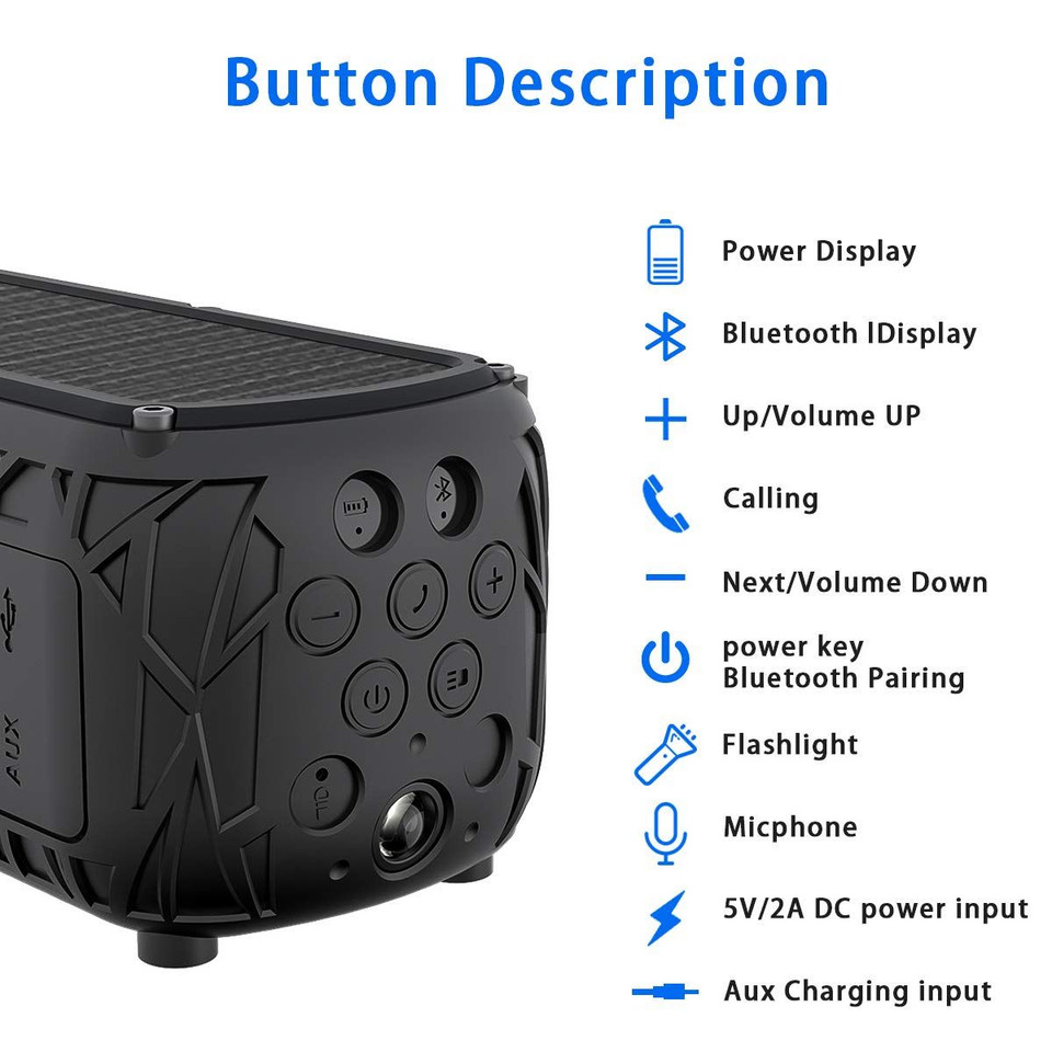 Waterproof Solar Bluetooth Speaker with Mic, Stereo Sound with Bass, Black product image