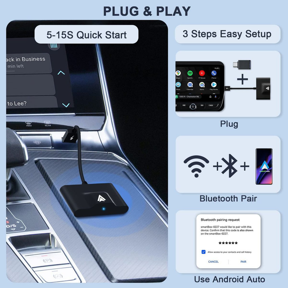 Android Auto Wireless Adapter for OEM Factory Wired Android Auto Cars Plug & Play Easy Setup AA Wireless Android Auto Dongle for Android Phones Converts Wired Android Auto to Wireless product image
