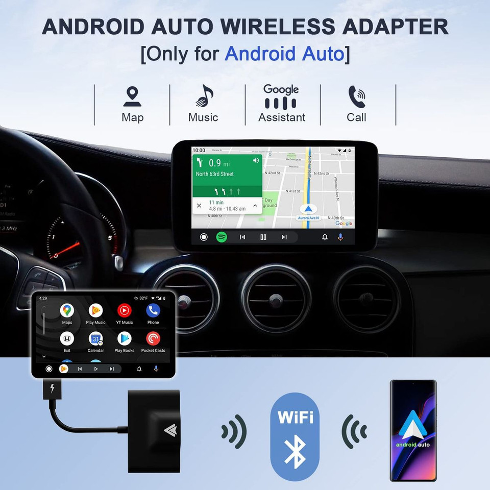Android Auto Wireless Adapter for OEM Factory Wired Android Auto Cars Plug & Play Easy Setup AA Wireless Android Auto Dongle for Android Phones Converts Wired Android Auto to Wireless product image
