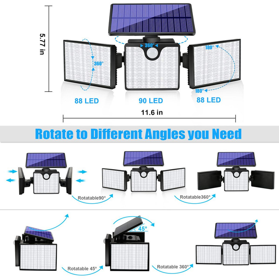 Solar Motion Sensor Light 266 LED Waterproof Luces with 3 Adjutable Head Wide Angle for Outside Garage Yard Patio product image