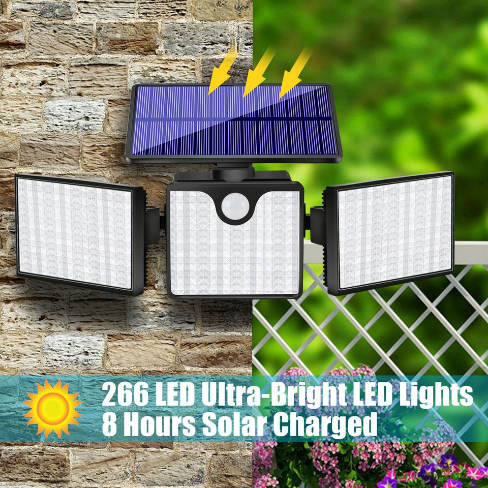 Solar Motion Sensor Light 266 LED Waterproof Luces with 3 Adjutable Head Wide Angle for Outside Garage Yard Patio product image