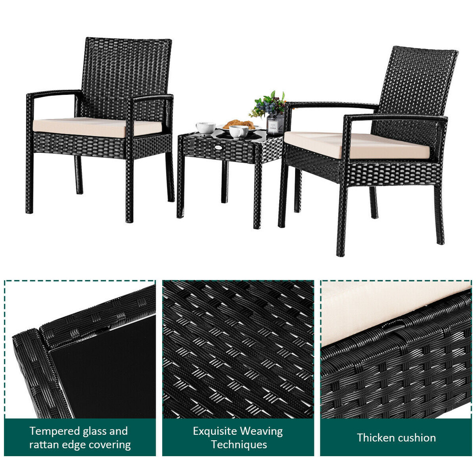 3-Piece Black Rattan Wicker Patio Furniture Set with Cushions product image