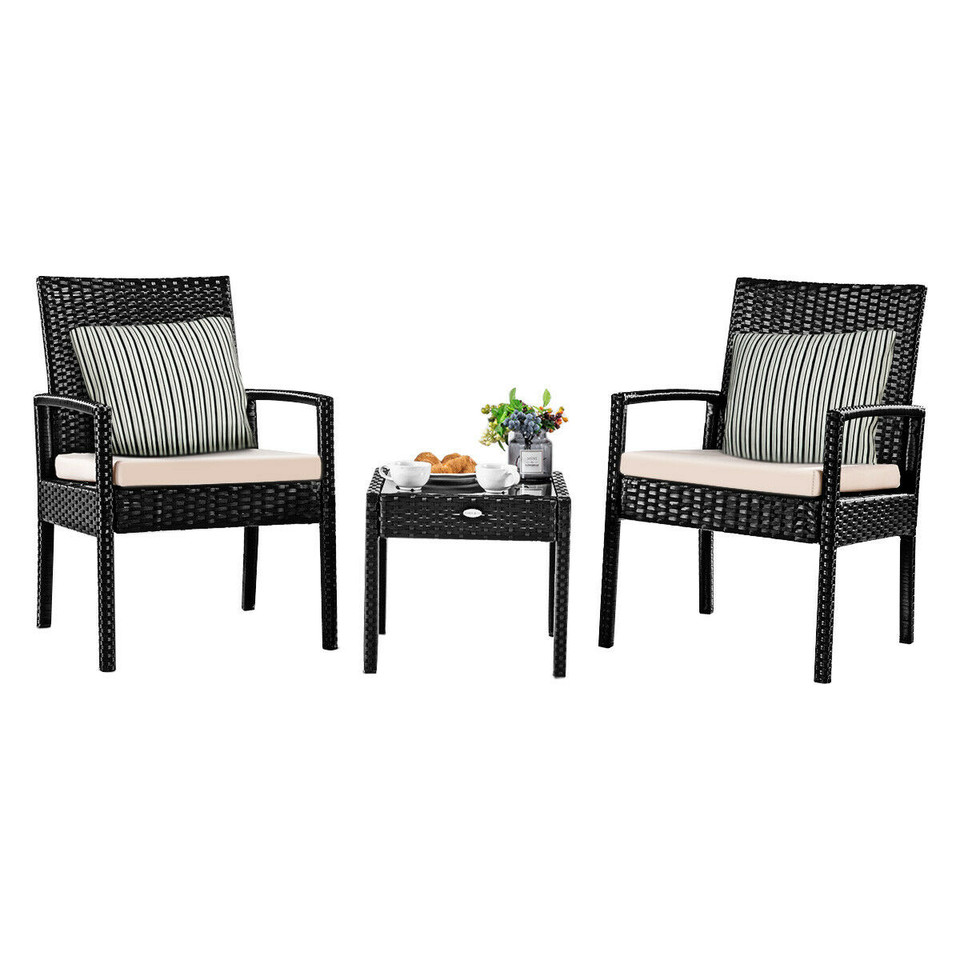 3-Piece Black Rattan Wicker Patio Furniture Set with Cushions product image