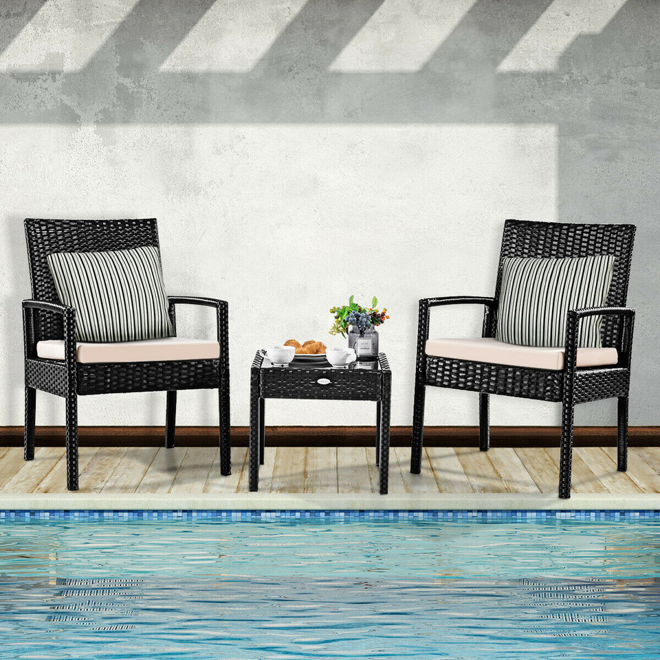 3-Piece Black Rattan Wicker Patio Furniture Set with Cushions product image