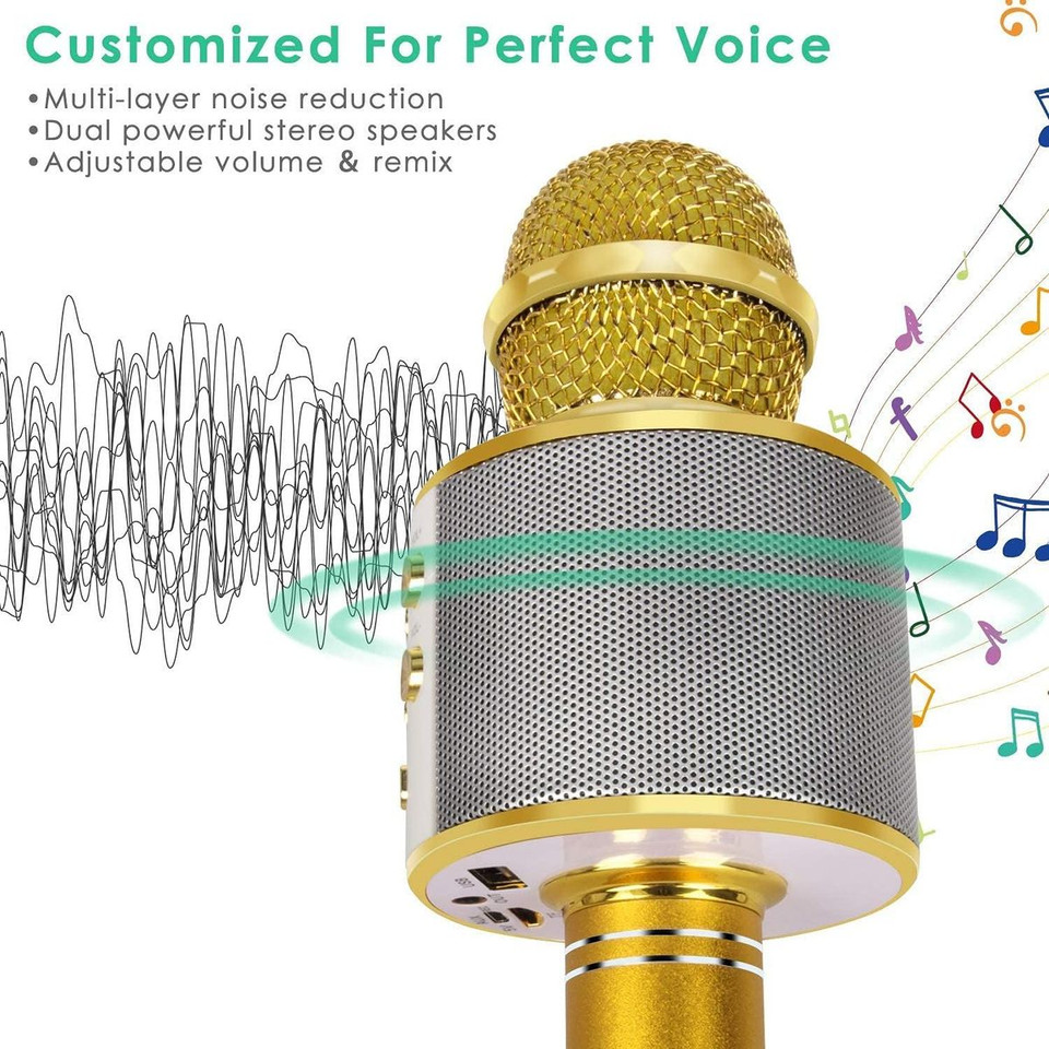 Wireless Bluetooth Kids Karaoke Microphone, 5 in 1 Portable Handheld Microphone with Adjustable Remix FM Radio for Boys Girls Birthday (Golden) product image