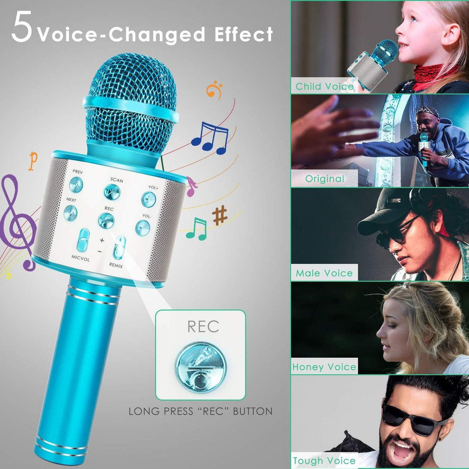 Wireless Bluetooth Kids Karaoke Microphone, 5 in 1 Portable Handheld Microphone with Adjustable Remix FM Radio for Boys Girls Birthday (Blue) product image