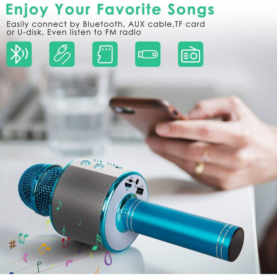 Wireless Bluetooth Kids Karaoke Microphone, 5 in 1 Portable Handheld Microphone with Adjustable Remix FM Radio for Boys Girls Birthday (Blue) product image