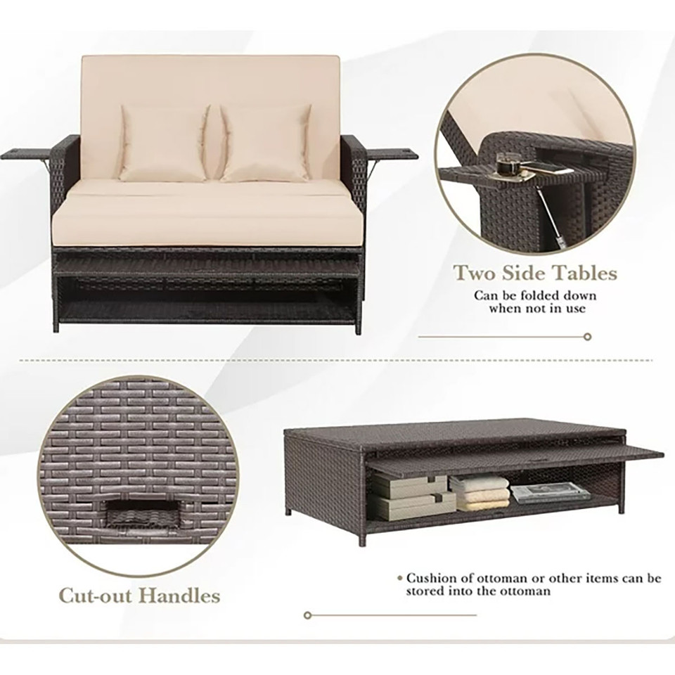 Patio Rattan Daybed with 4-Level Adjustable Backrest & Retractable Side Tray product image