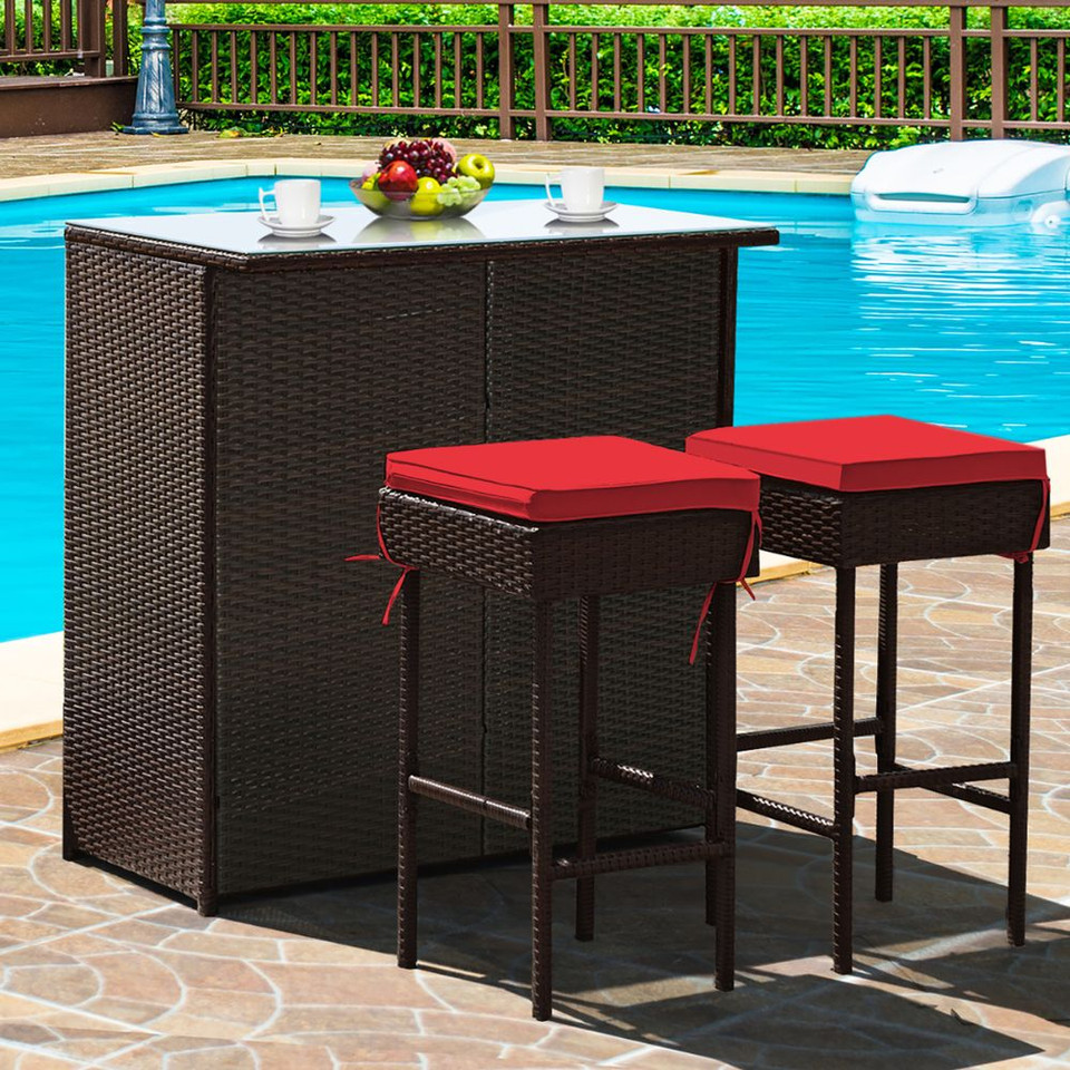 3-Piece Outdoor Rattan Wicker Bar Set with 2 Cushion Stools product image