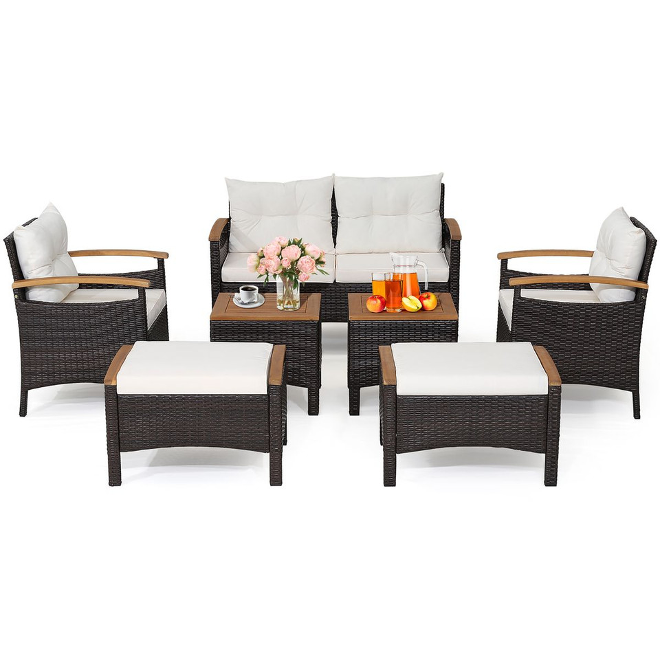 7-Piece Rattan Patio Sofa Set with Acacia Wood Tabletop & Armrests product image