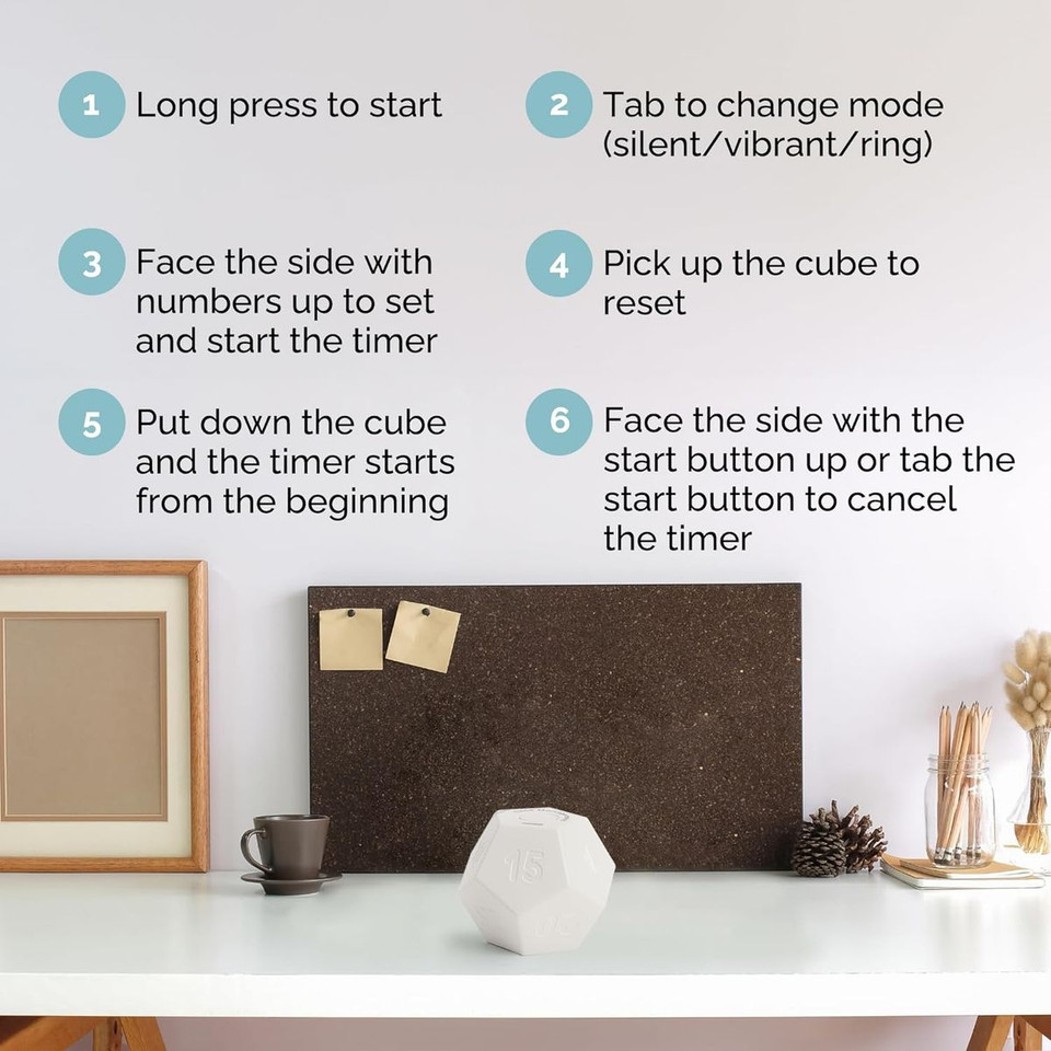 Rotating Timer for Desktop, 11 Preset Rechargeable Dodecagon Timer, Sound Vibration, Mute, Spin Timer, Kitchen,White product image