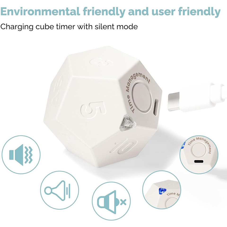 Rotating Timer for Desktop, 11 Preset Rechargeable Dodecagon Timer, Sound Vibration, Mute, Spin Timer, Kitchen,White product image