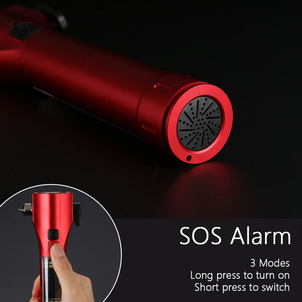 Car Safety Hammer Flashlight  LED High Lumens Rechargeable Solar Powered Escape Kit, Window Glass Breaker and Seatbelt Cutter(Red) product image